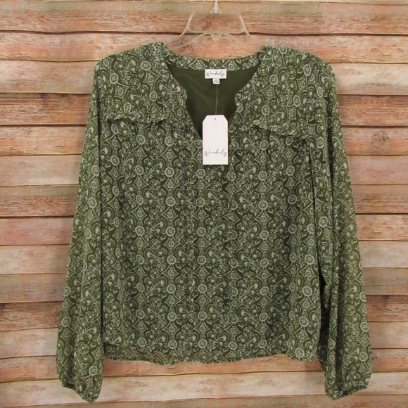 Wonderly Simply Olive Woven V-Neck Blouse XXL - Picture 1 of 16
